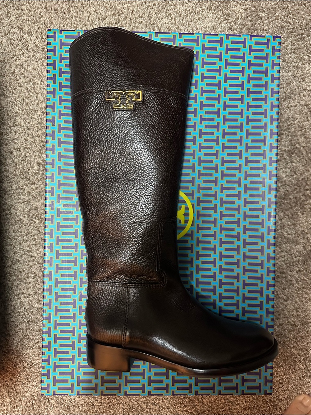 Tory Burch Dark Brown Leather Tall Riding Boot with Gold Logo
